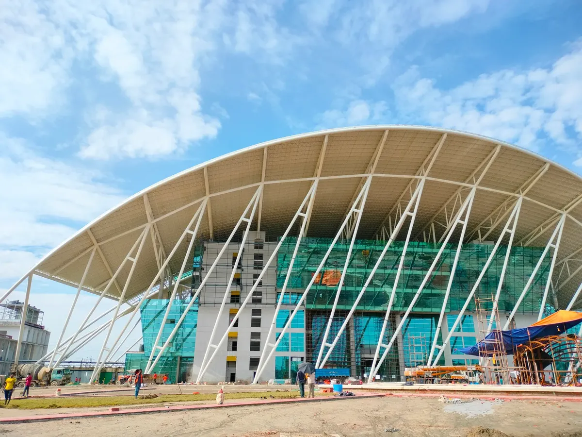Contemporary building with unique design under construction in Bangalore, India.