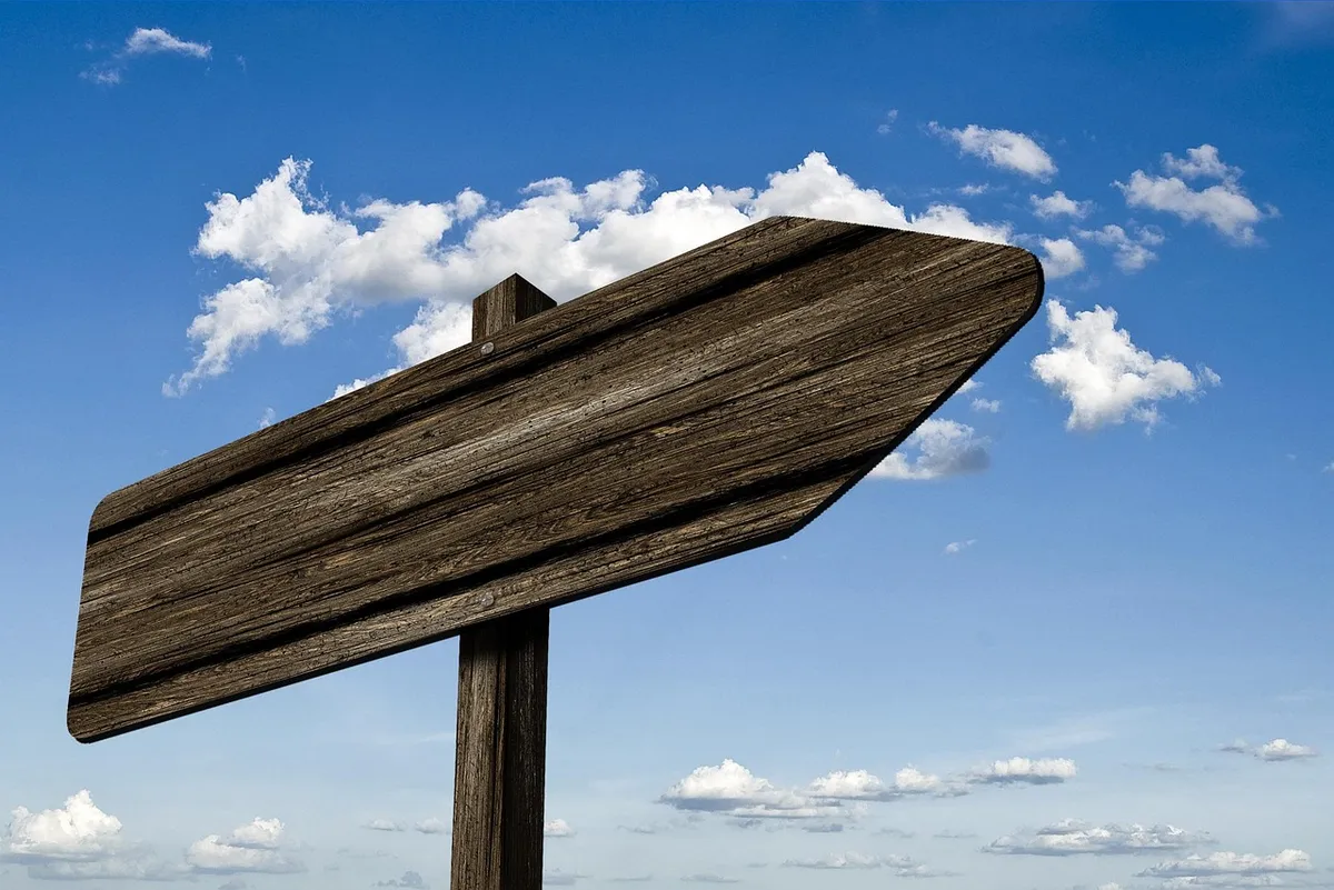 signpost, waypoint, wood, grain, board, sign, direction, right, nature, path, marking, arrow, heaven, clouds