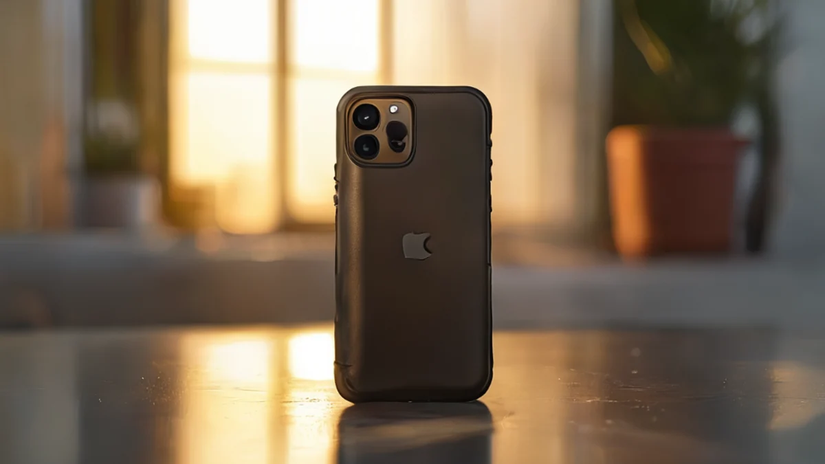 Rugged black waterproof phone case centered on white table under golden hour light, shallow depth of field, photorealistic, sharp focus, high detail