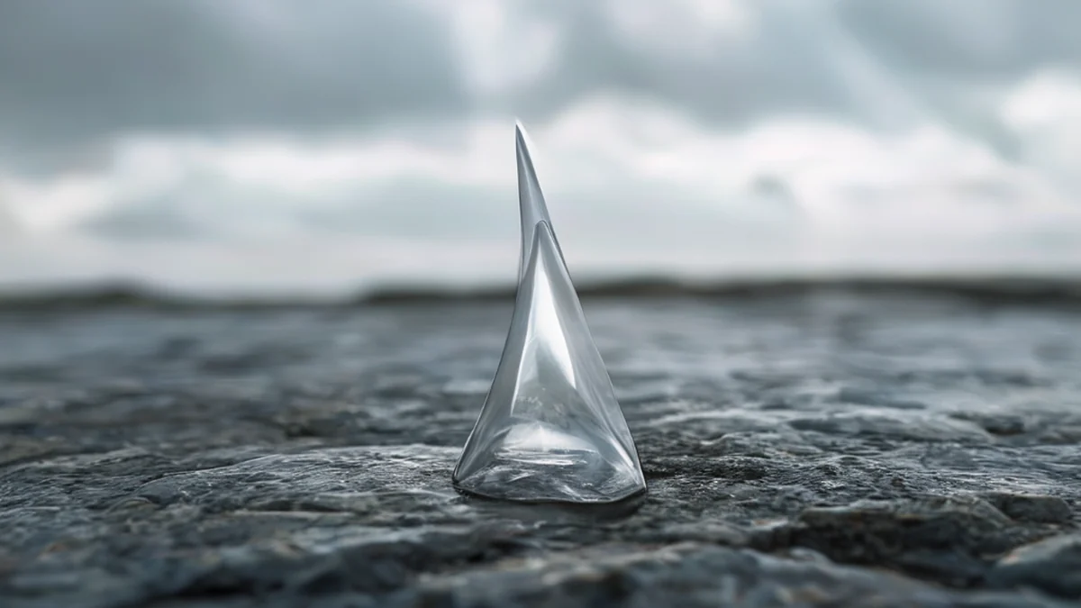 Eine Silizium-Stäckchen mit glatter, Glasartiger Oberfläche und einem spitzen Ende, zentriert auf einer Steinfläche unter bewölktem Tageslicht, flache Schärfe, photorealistisch, scharfe Schärfe, hohe Details