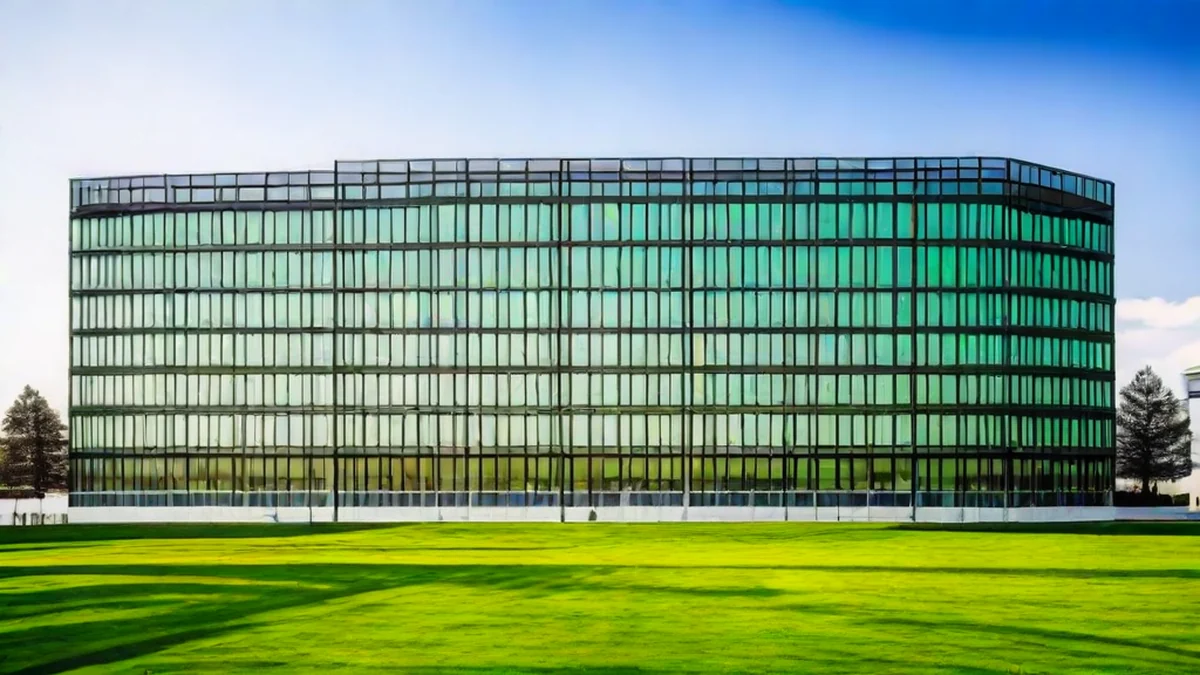 Moderne Glasarchitektur eines Colleges besteht aus glatten, transparenten Strukturen und offenen Räumen.
