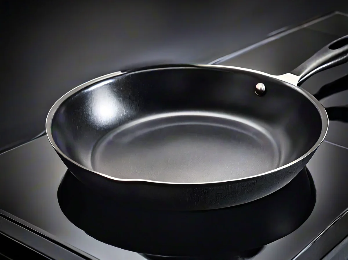 Een metalen koekenpan op een zwart glazen inductiekookplaat oppervlak