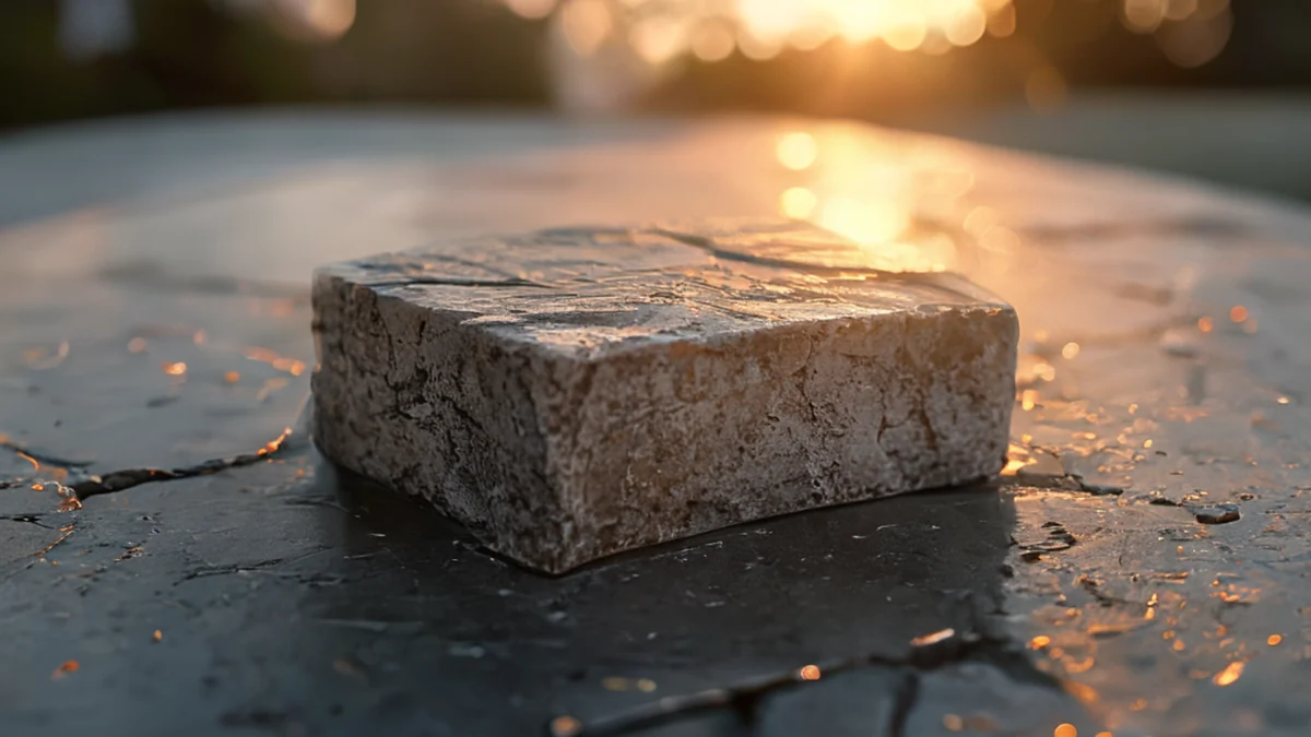 Sob a luz da hora dourada, em uma mesa de aço plana, um bloco de concreto desgastado com rachas, profundidade de campo suave, realismo fotográfico, foco neto, detalhes altos