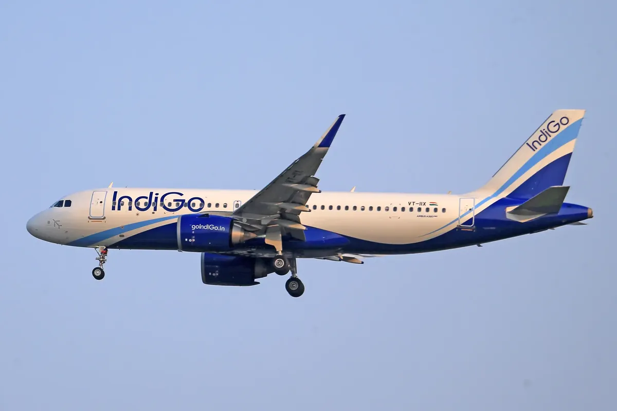Indigo Airlines airplane flying through clear sky during daytime, showcasing aviation travel.